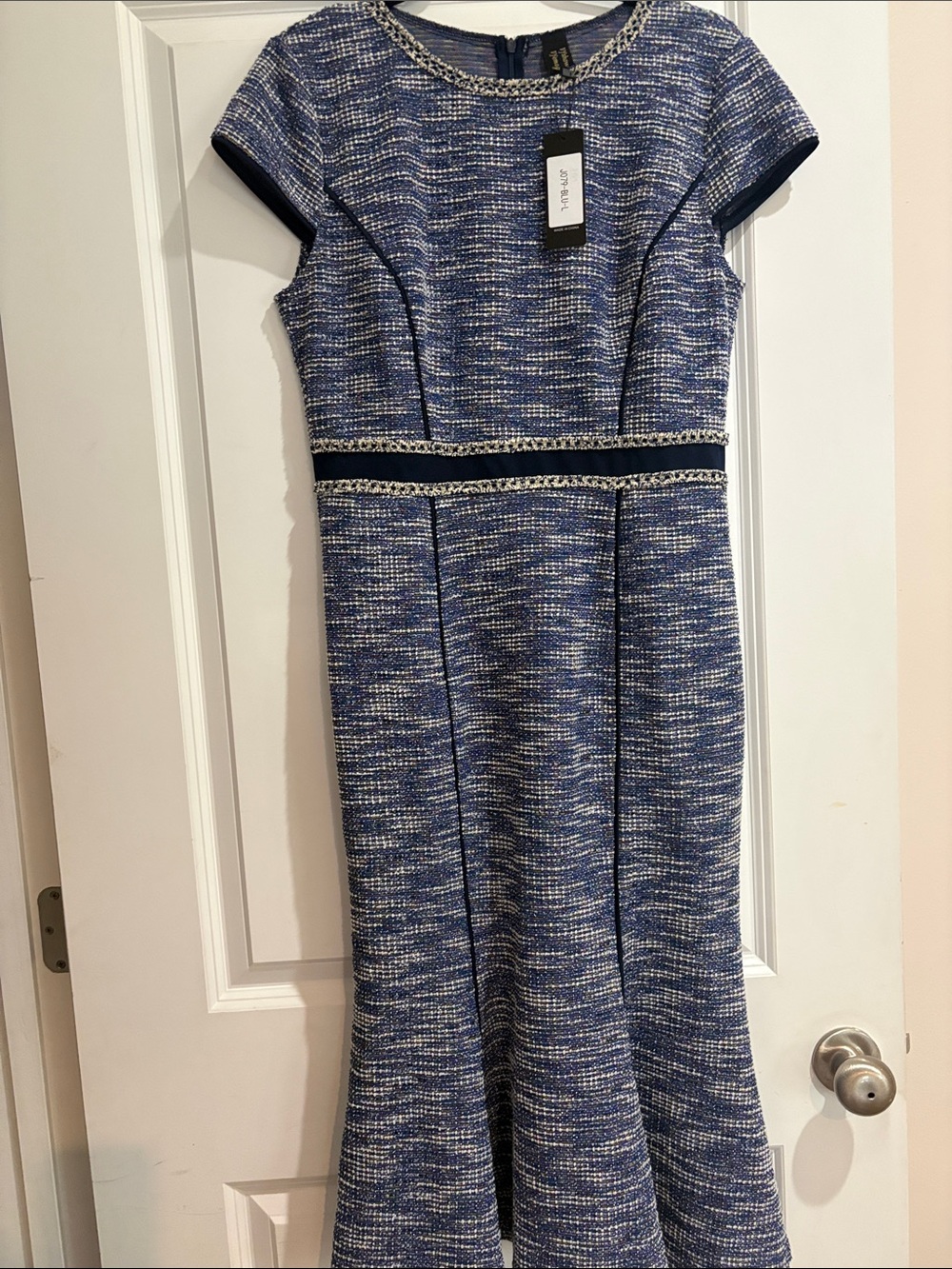 Women's Blue Tweed Midi Dress with Decorative Trim